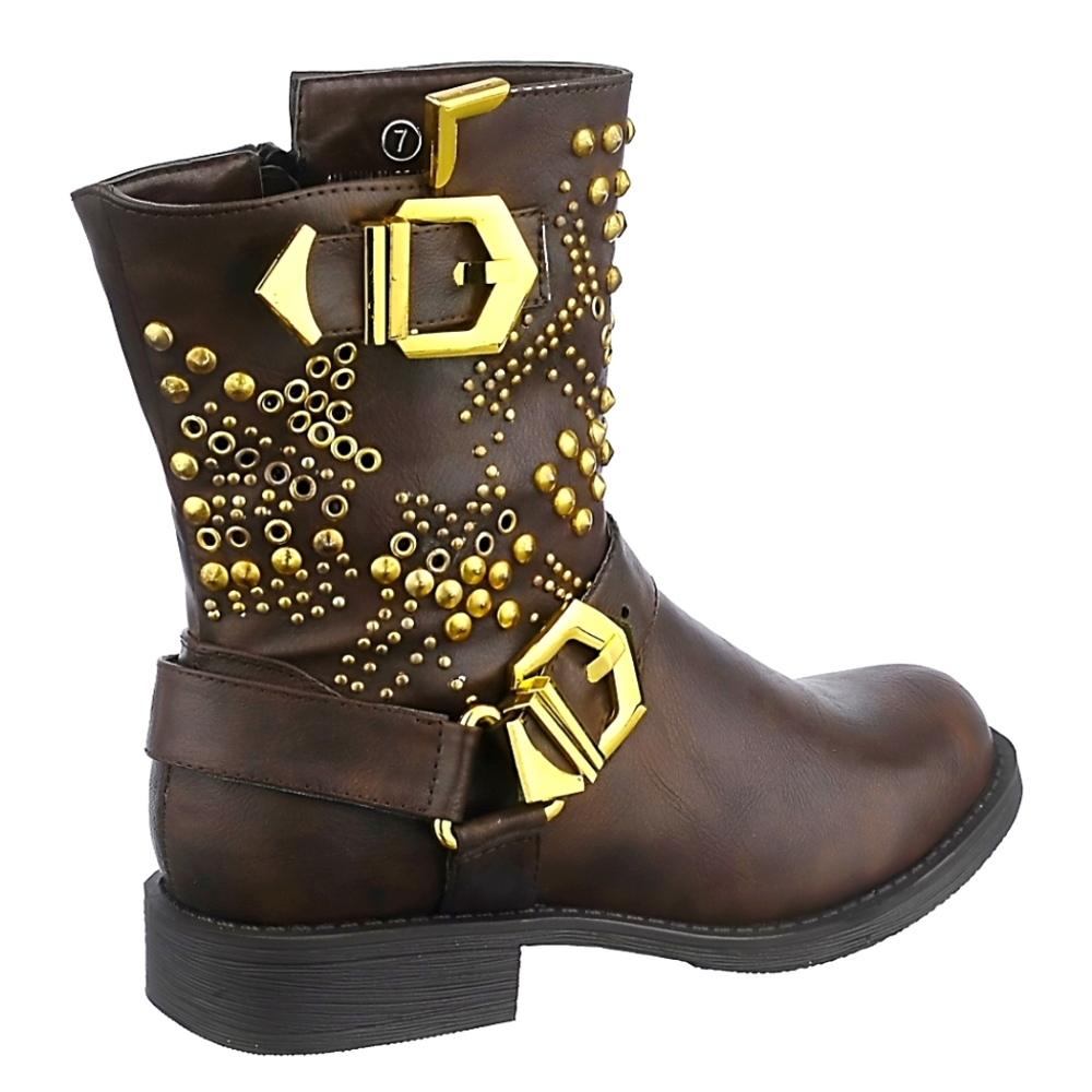 Brown Ankle Boots with Gold Studs and Buckles Size 6